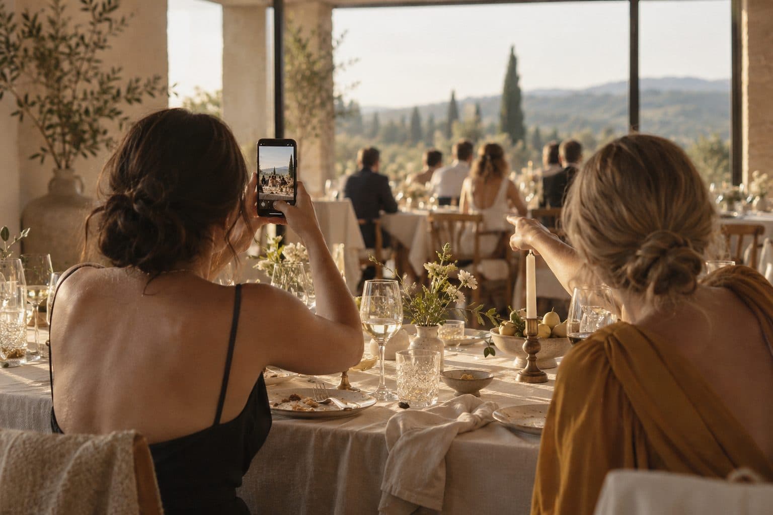 Invitados vistos de espaldas haciendo una foto a otra mesa con el móvil para un reto del muro de fotos de la boda