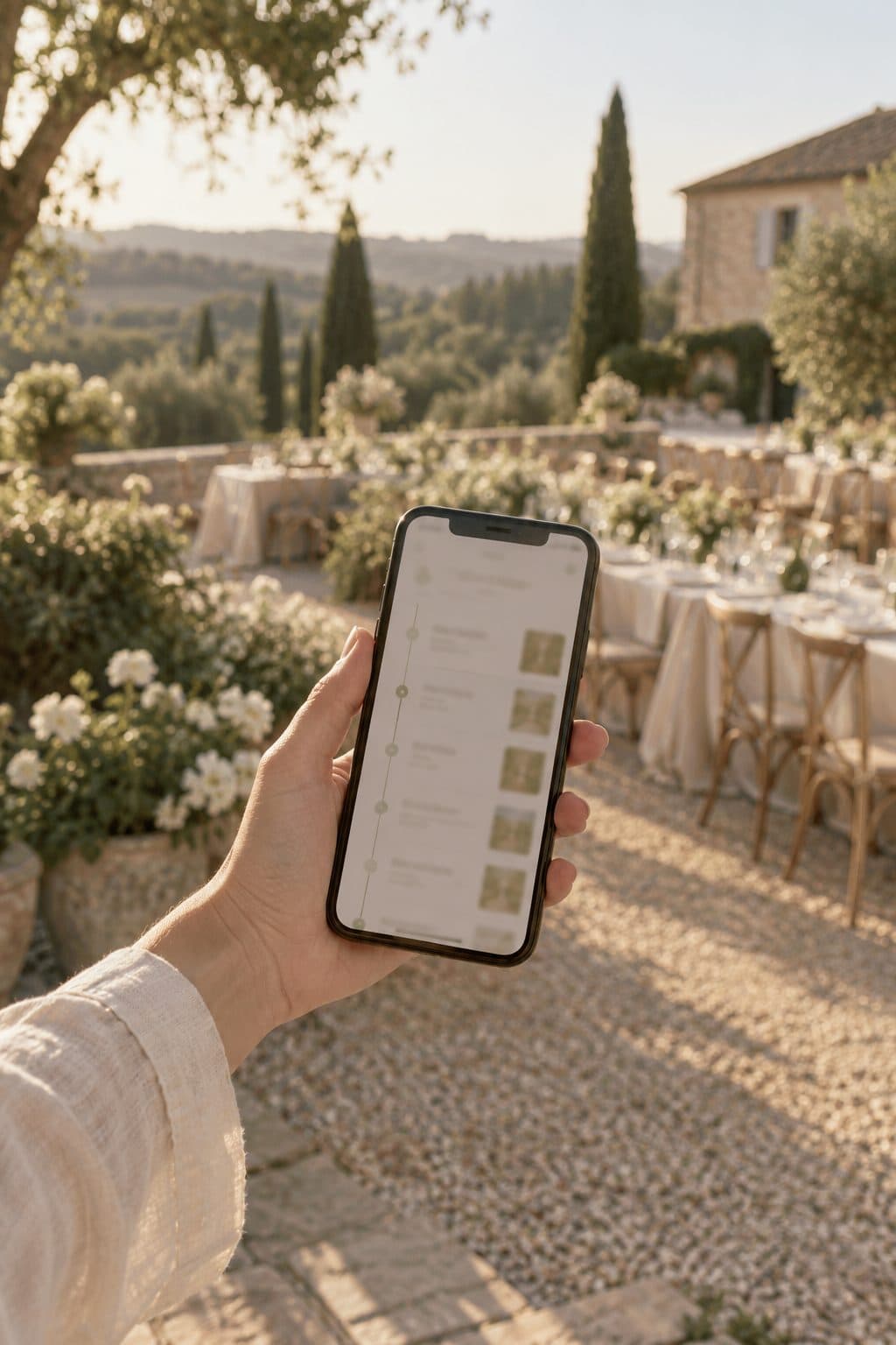 Móvil en una mano mostrando el orden del día de una boda hora a hora, con una finca desenfocada al fondo