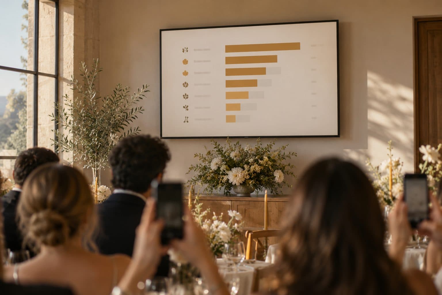 Pantalla en una sala de banquete con el ranking de la trivia de los novios por mesas y varias manos con el móvil en primer plano