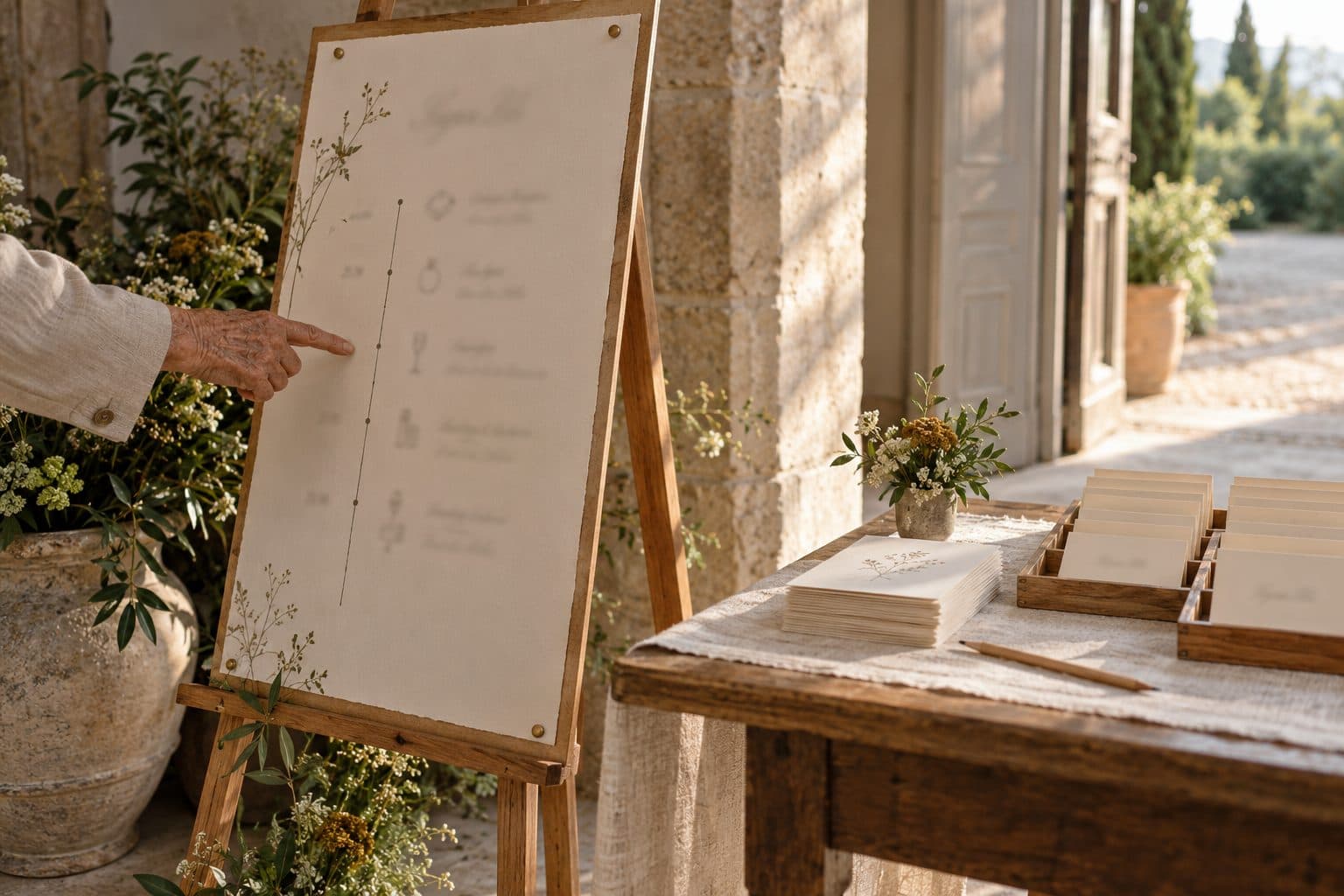 Cartel con el horario de la boda impreso y tarjeta de mesa en papel: la versión sin móvil de la app para bodas
