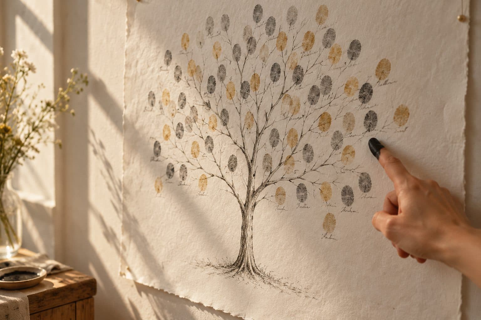 Árbol de huellas de boda dibujado sobre papel de algodón, con la copa llena de huellas de tinta color miel y negra y un dedo que deja la siguiente