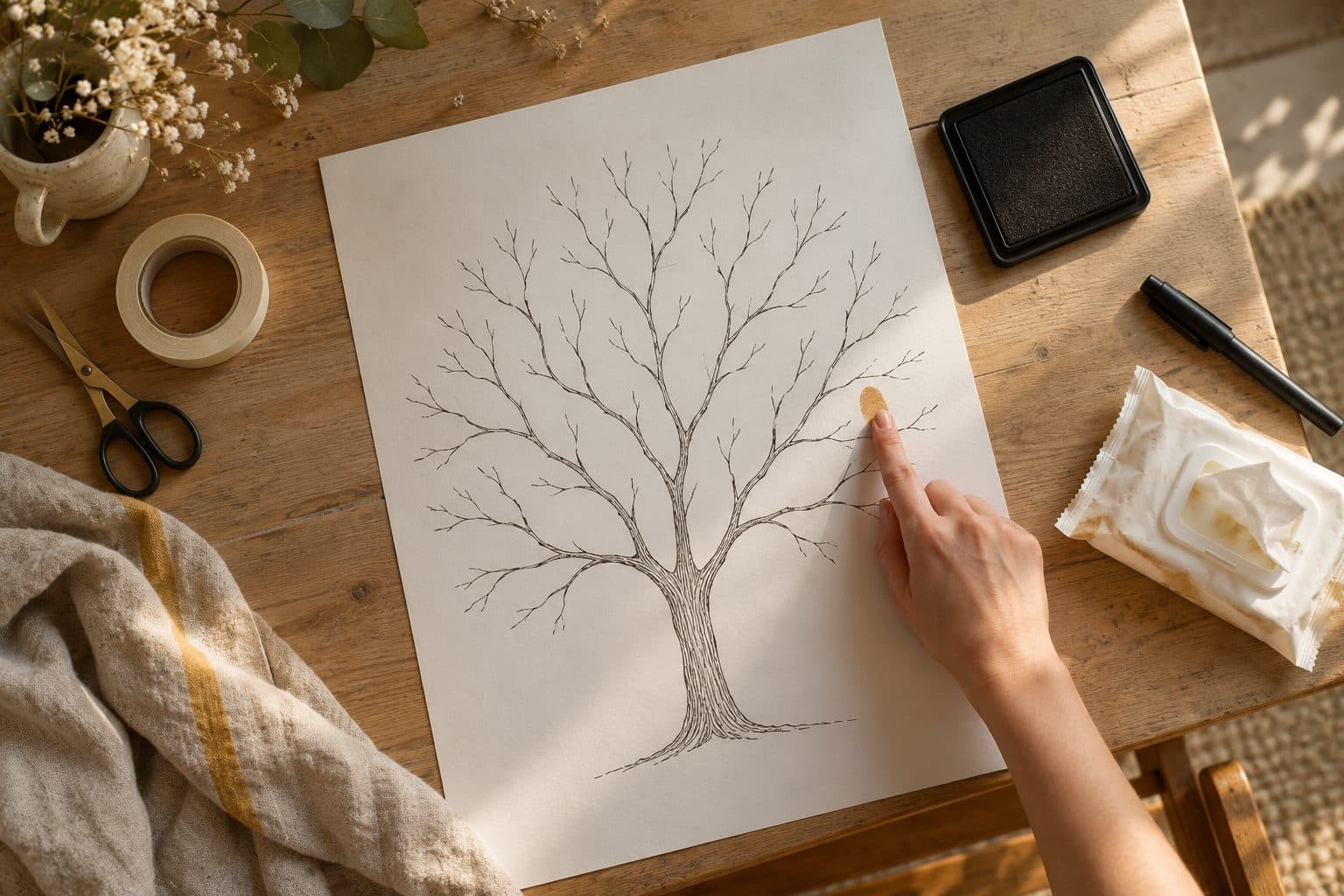 Lámina con un árbol impreso, almohadilla de tinta y rotulador sobre una mesa de madera: cómo hacer un árbol de huellas para boda en casa