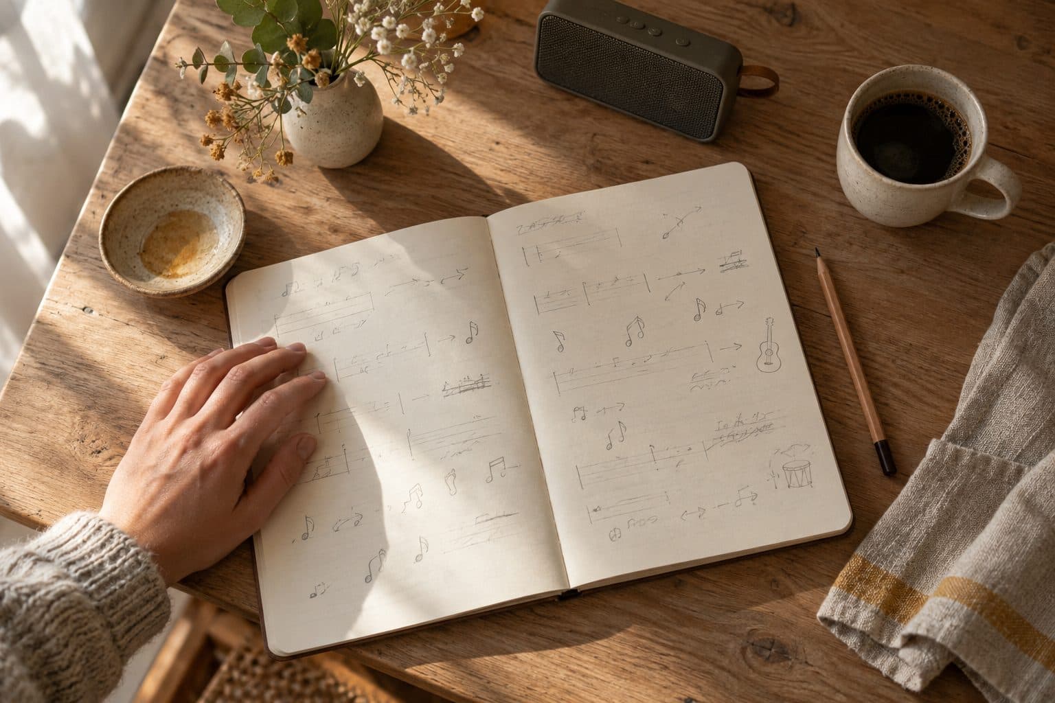 Esquema a lápiz de una canción de boda con la entrada, el giro y el final marcados, y huellas de pies dibujadas sobre una mesa de madera