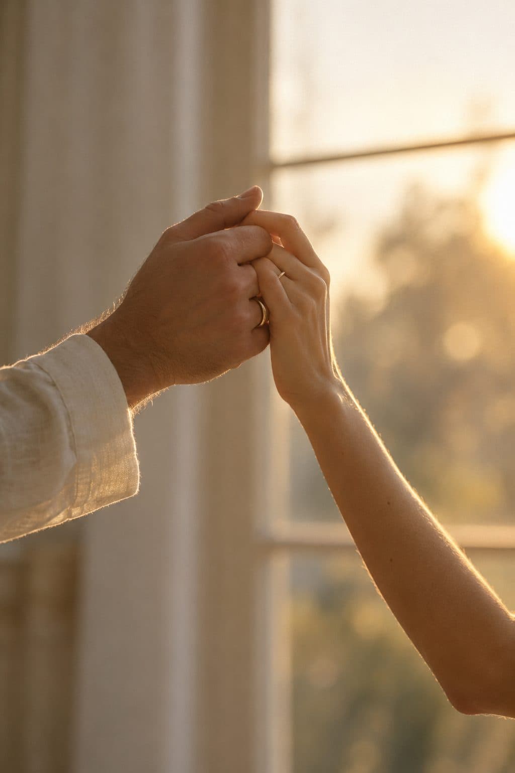 Dos manos entrelazadas y levantadas como en un baile lento, ante una ventana con luz de atardecer: ensayo del primer baile