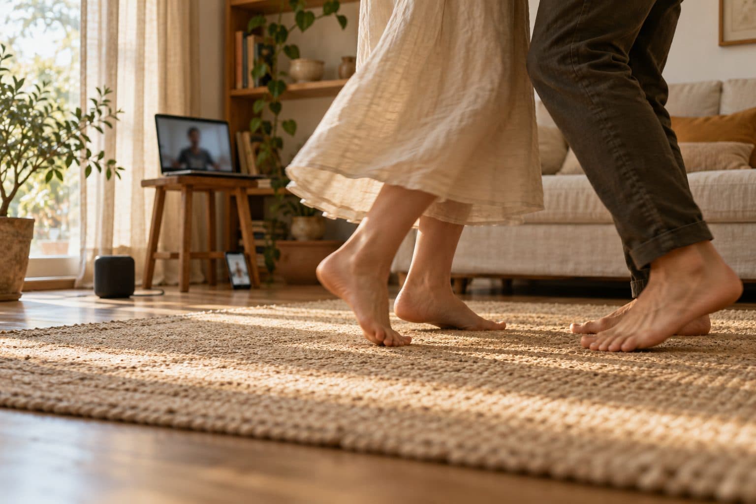 Móvil apoyado en una estantería en un salón con los pies de una pareja ensayando su primer baile por videollamada