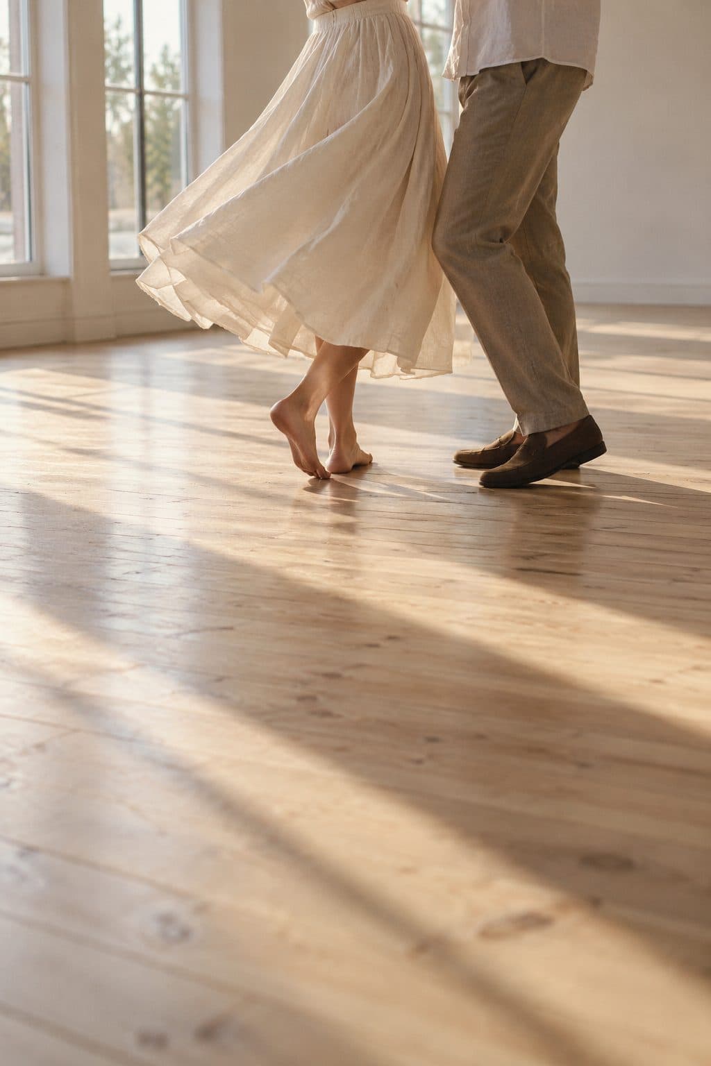 Pies de una pareja girando descalzos en una sala luminosa durante el ensayo de su baile nupcial