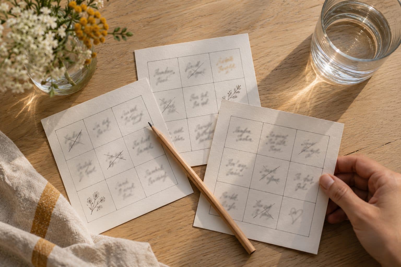 Tres cartones de bingo de boda de casillas a mano con firmas de invitados sobre una mesa de madera clara, junto a un lápiz