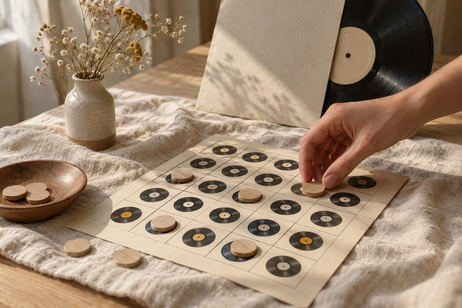 Cartón de bingo musical con pequeños iconos de discos en lugar de números, junto a un vinilo y unas fichas de madera sobre lino
