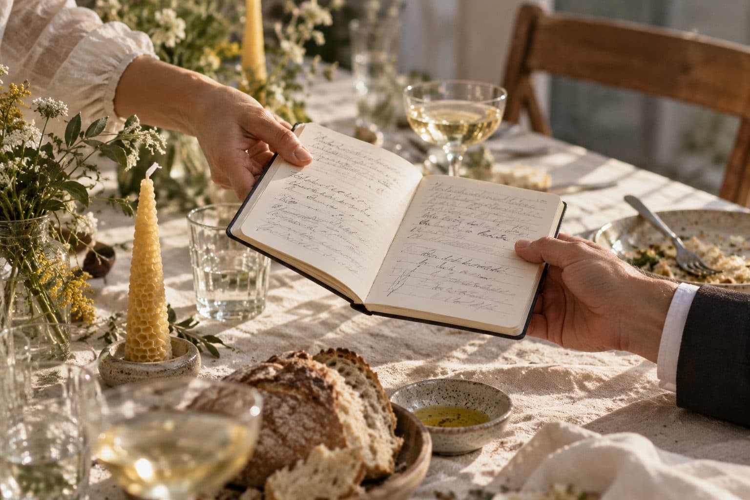 Cuaderno abierto que pasa de mano en mano por la mesa, con distintas letras a lápiz: un juego sencillo para una boda para pocos invitados