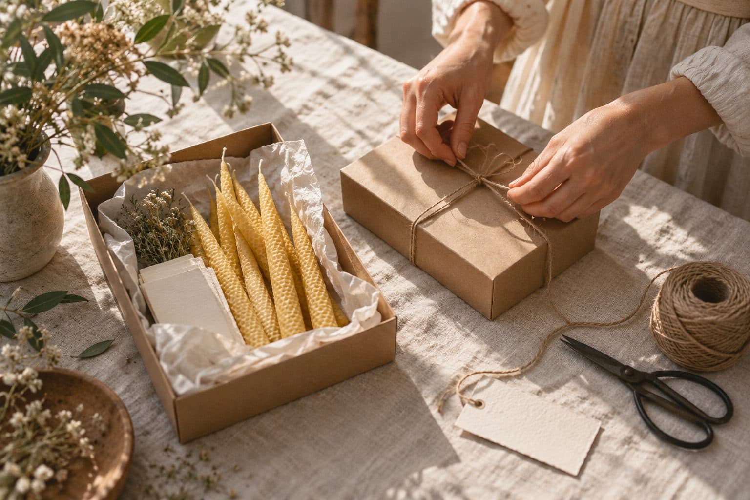 Manos atando con cordel una caja de papel kraft con las velas y tarjetas listas para enviar a toda España