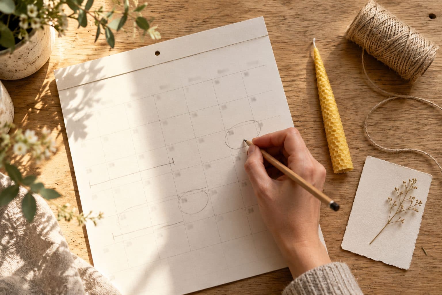 Calendario de papel con las semanas marcadas a lápiz: los plazos de una boda personalizada con tiempo