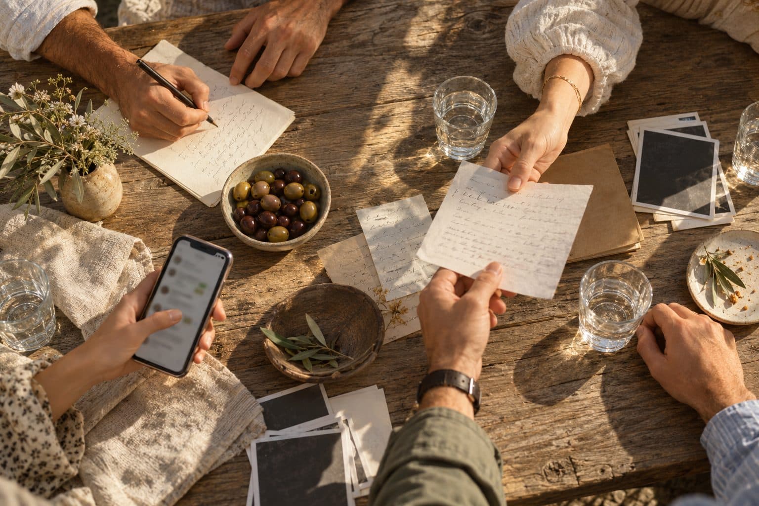 Manos de varios amigos sobre una mesa con notas y móviles, reuniendo anécdotas de los novios para su canción personalizada de regalo