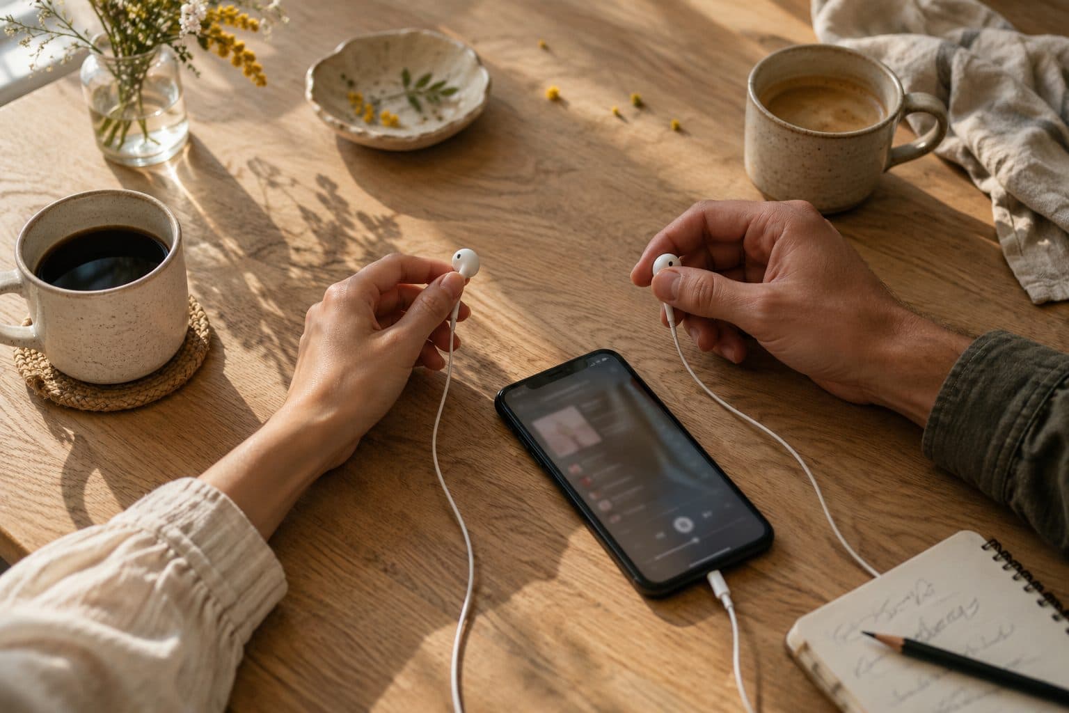 Dos manos sujetando cada una un auricular para escuchar juntos la canción del primer baile de boda