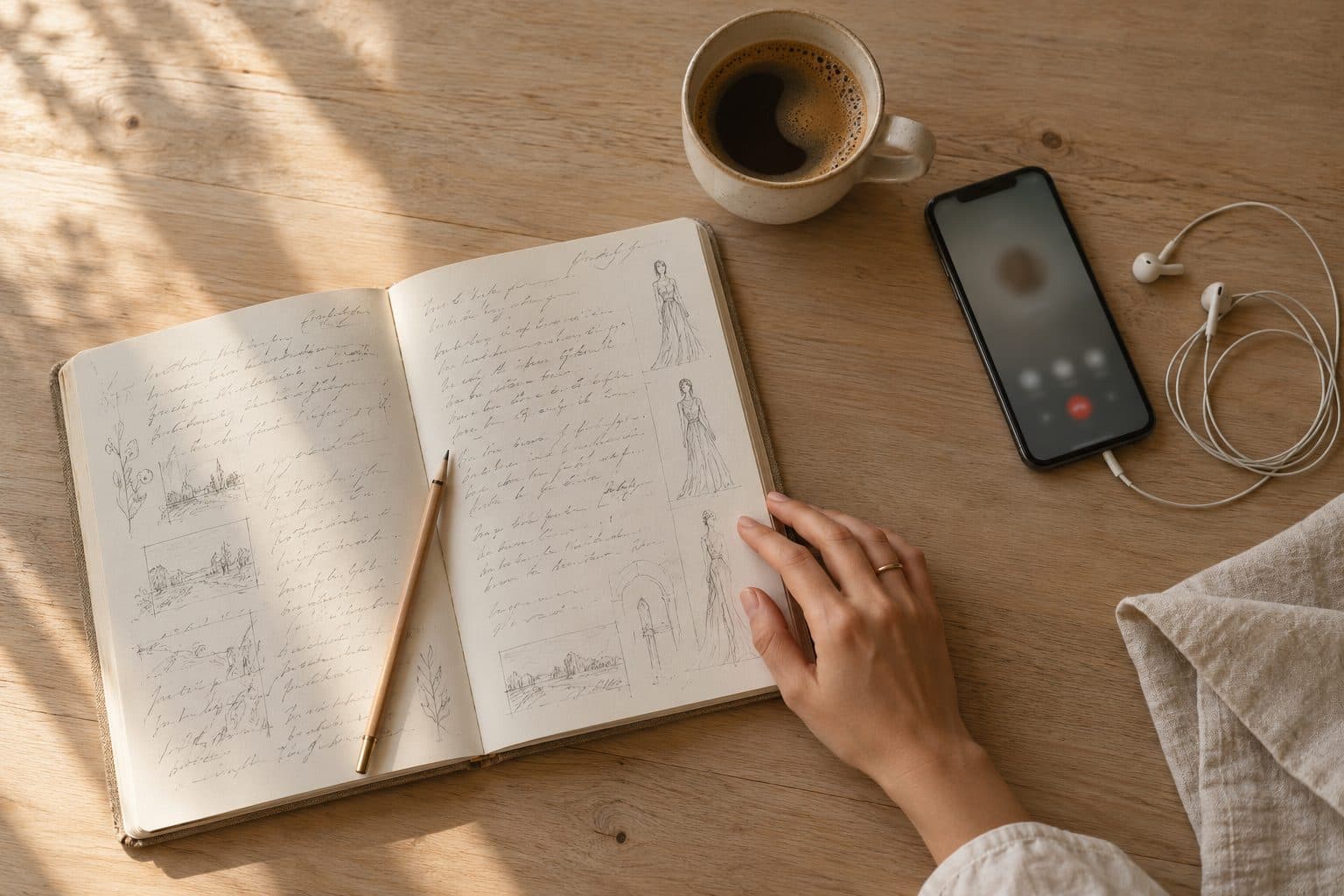 Libreta con notas a mano y un móvil en altavoz sobre la mesa durante la llamada de 45 minutos para la canción de una boda