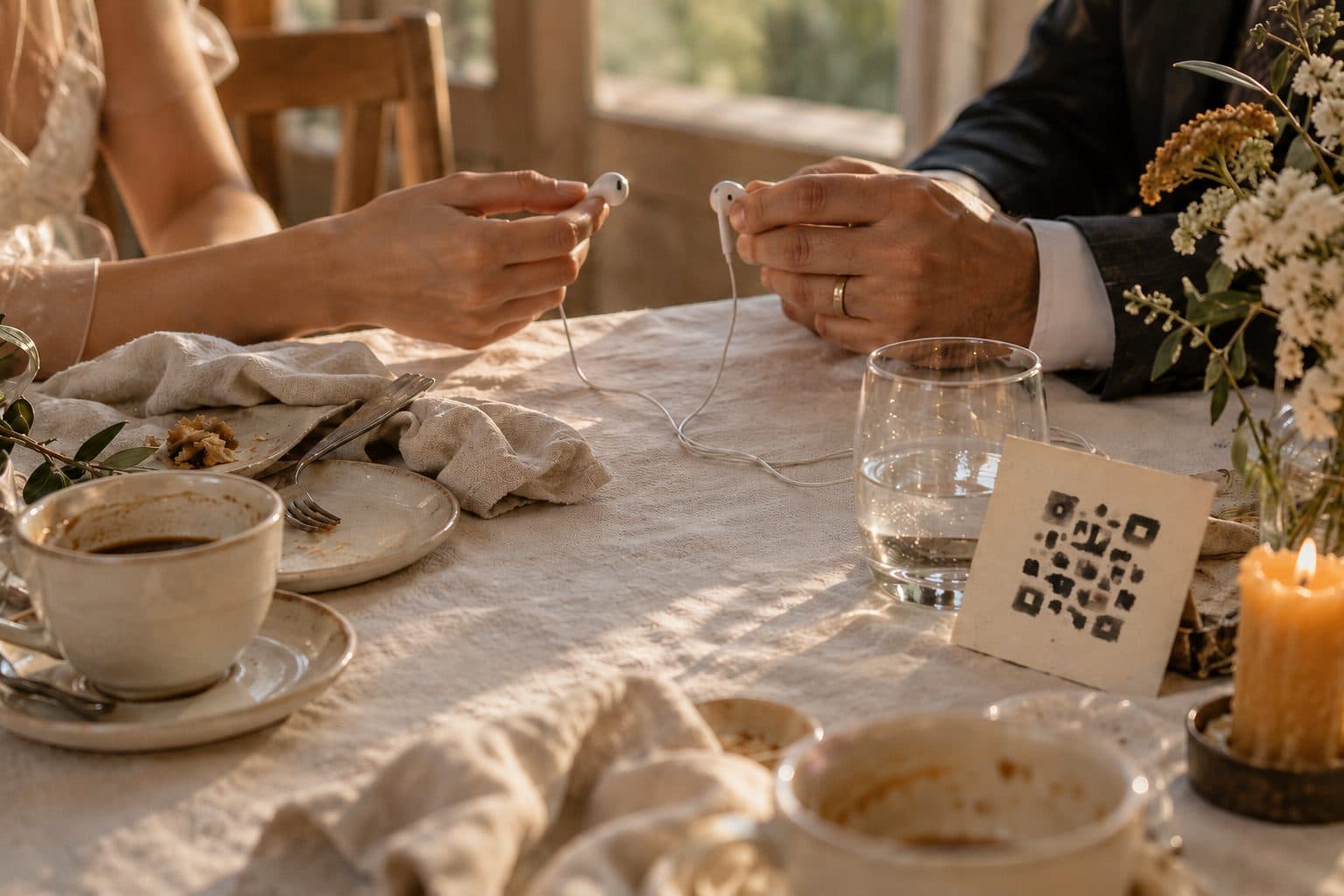 Manos de una pareja con unos auriculares y una tarjeta con QR en una mesa de banquete, escuchando por primera vez su canción de regalo