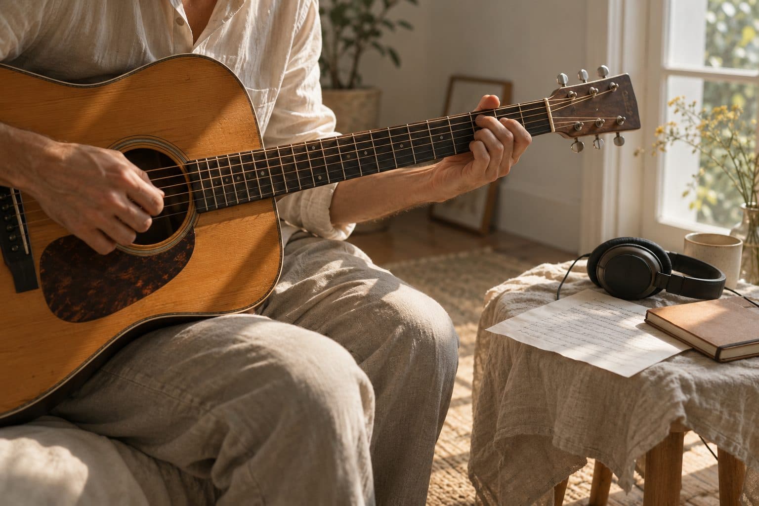 Manos tocando una guitarra junto a una letra en papel y unos auriculares, mientras se compone una canción personalizada