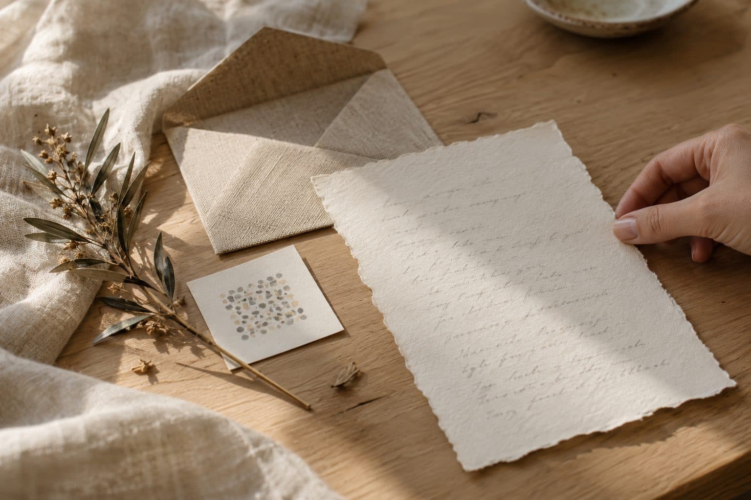 Letra de la canción de boda escrita a mano en papel de algodón, con una tarjeta con QR y un sobre de lino