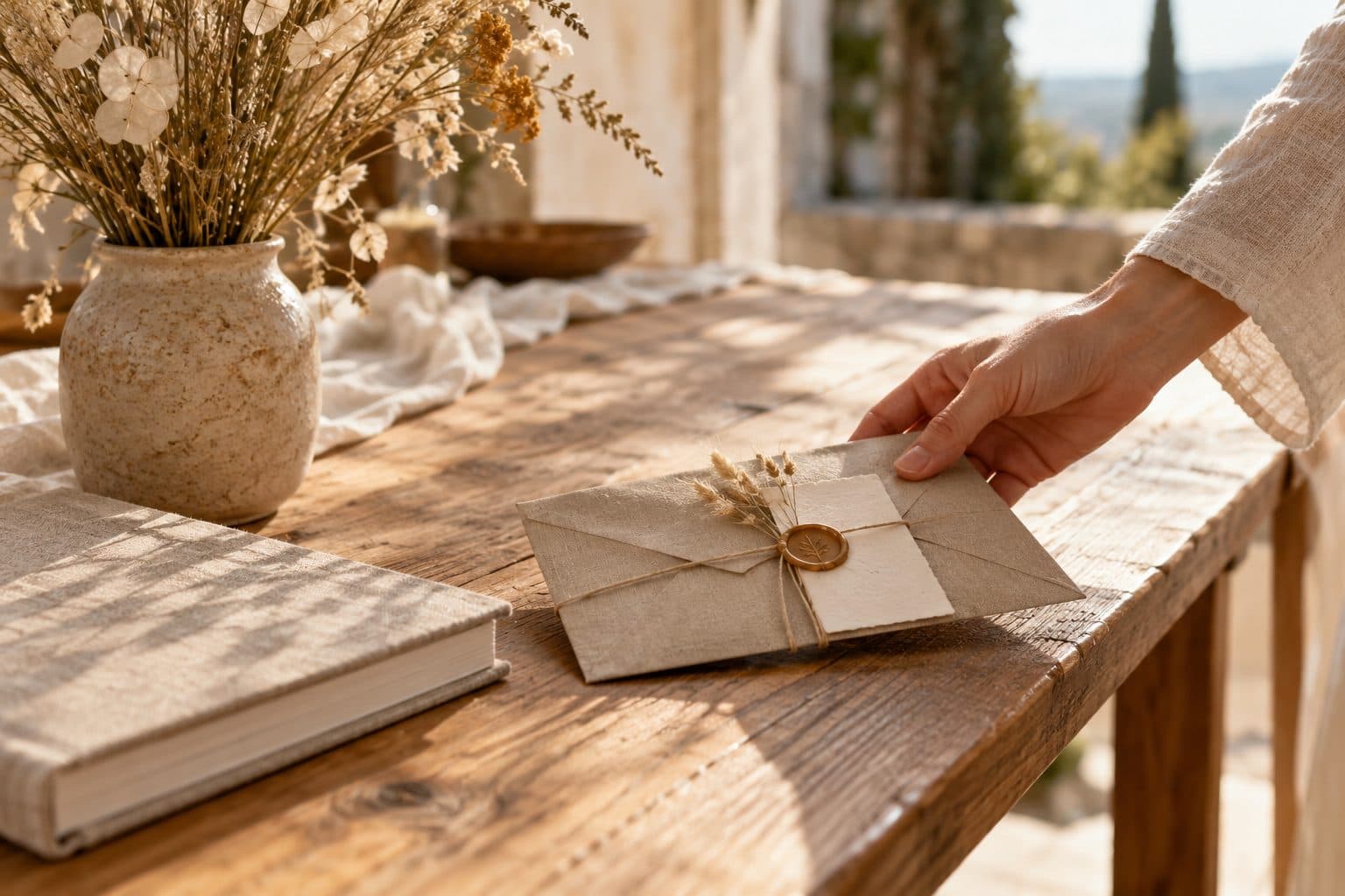 Sobre de lino con una tarjeta de algodón y un QR que una mano entrega en la mesa de regalos de una boda: la canción para los novios