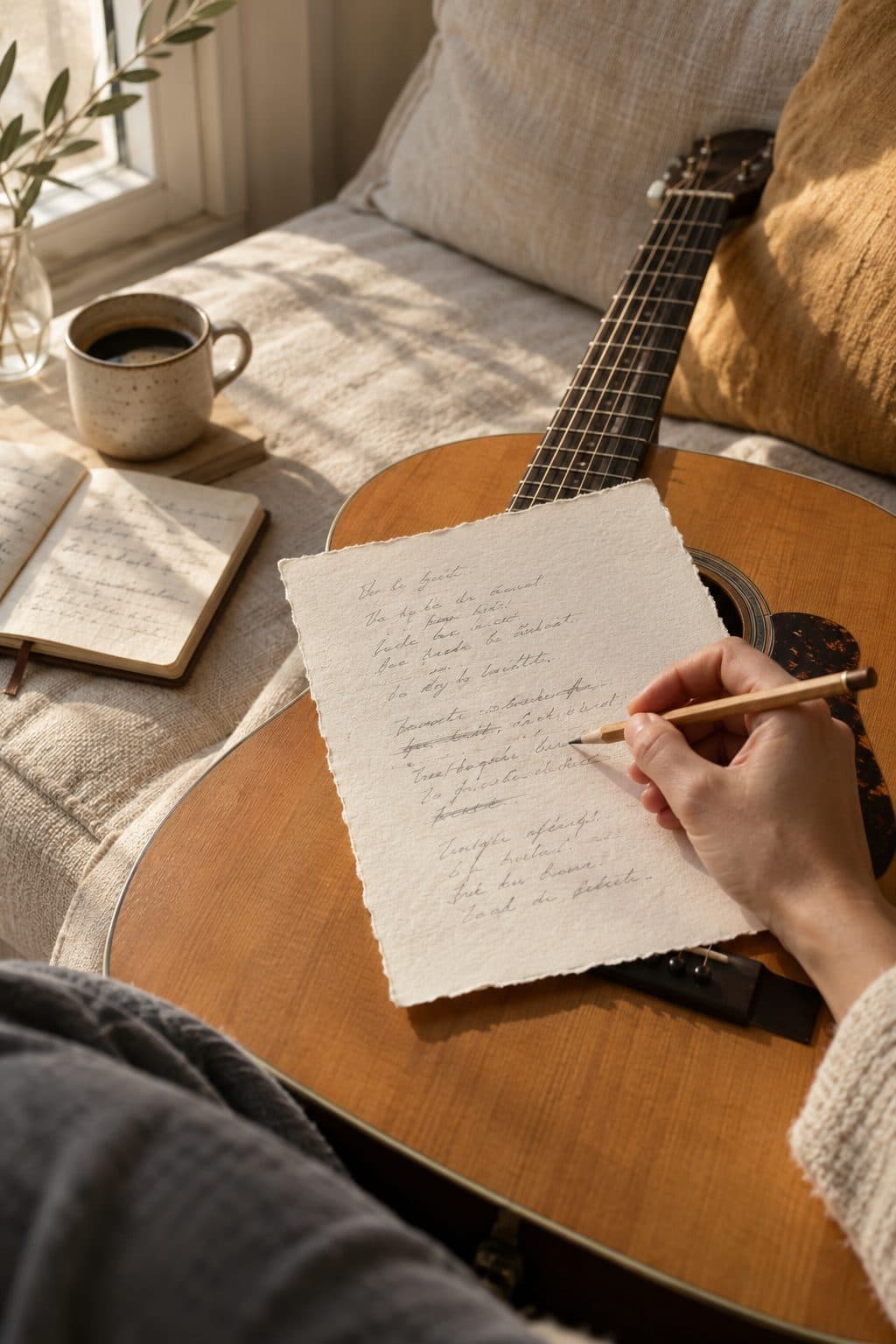 Letra de una canción de boda escrita a lápiz sobre una guitarra, con una mano corrigiendo