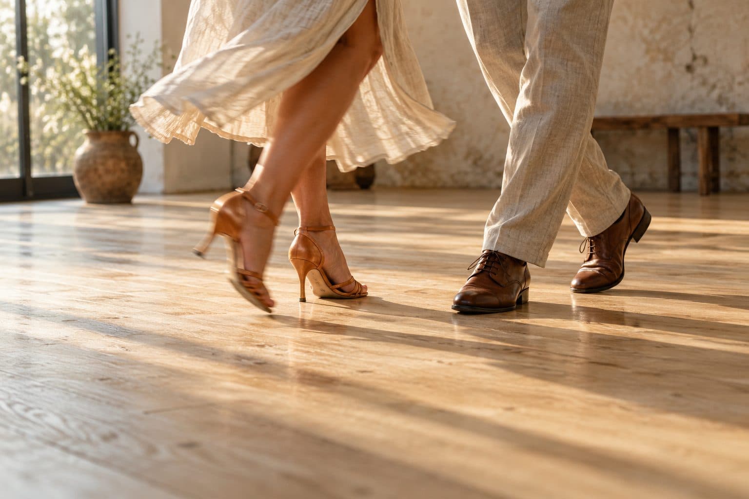 Zapatos de baile de una pareja en pleno paso de salsa sobre un suelo de madera, con la falda en movimiento
