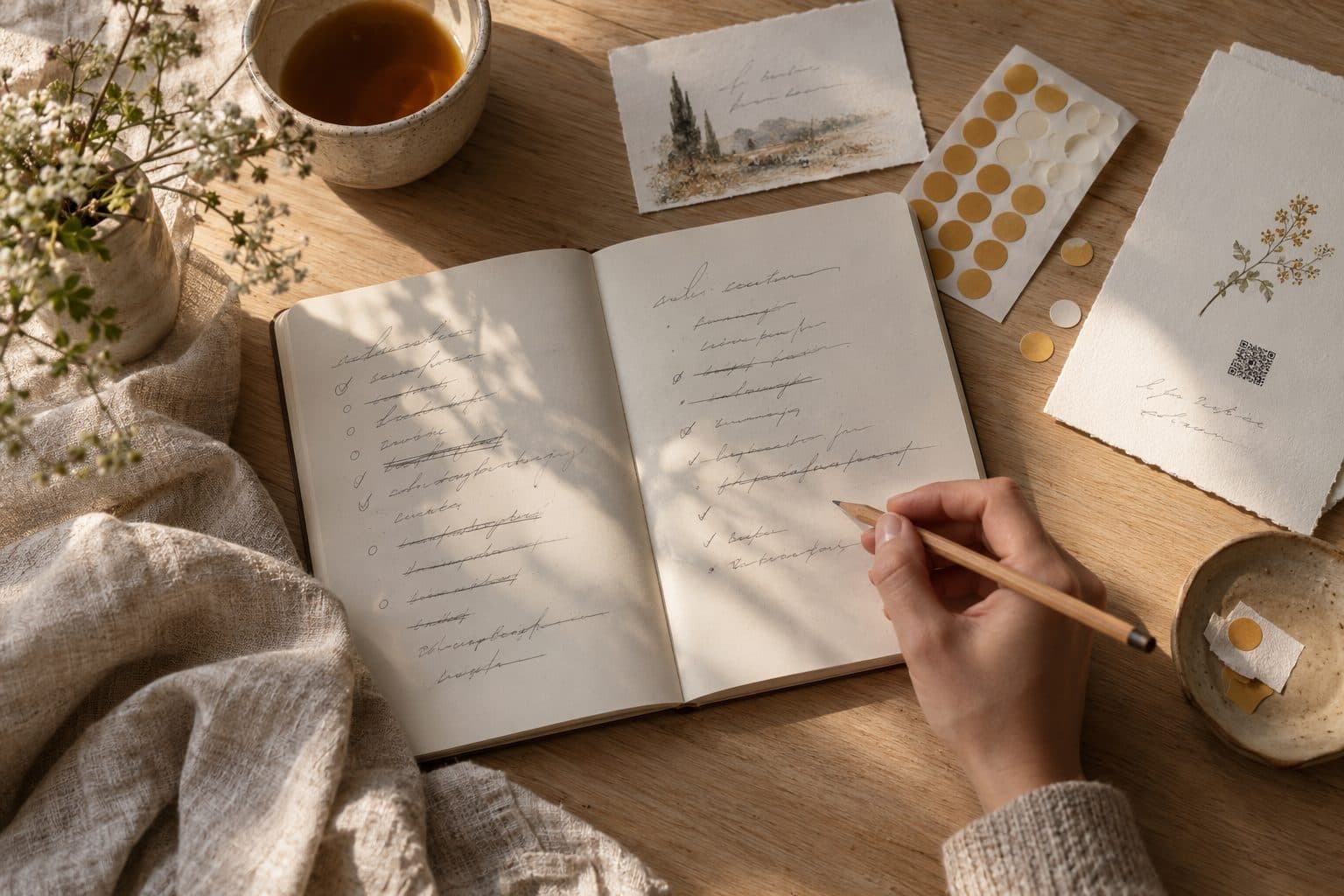 Cuaderno abierto con dos listas tachadas, una carta de misiones y una hoja de pegatinas: los casos de boda personalizada que hemos probado
