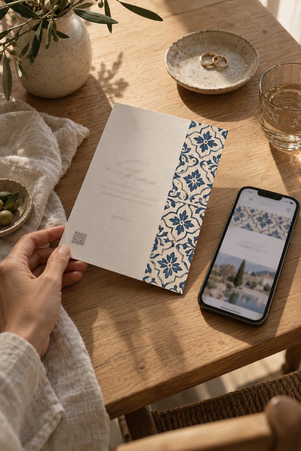 Invitación impresa con un motivo de azulejo y un código QR, junto a un móvil con una web de boda: ejemplo de web de boda