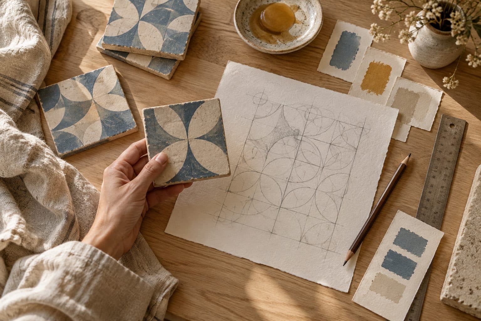 Muestras de azulejo de cerámica geométrico y papel de algodón sobre una mesa de trabajo, el punto de partida de una web de boda para Ciudad Real (imagen ilustrativa)