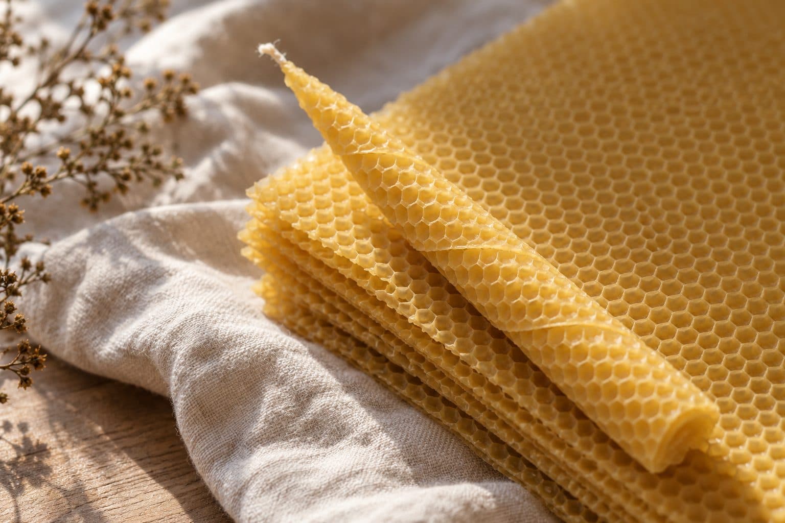 Láminas de cera de abeja apiladas con el relieve de panal y una vela cónica enrollada a mano encima
