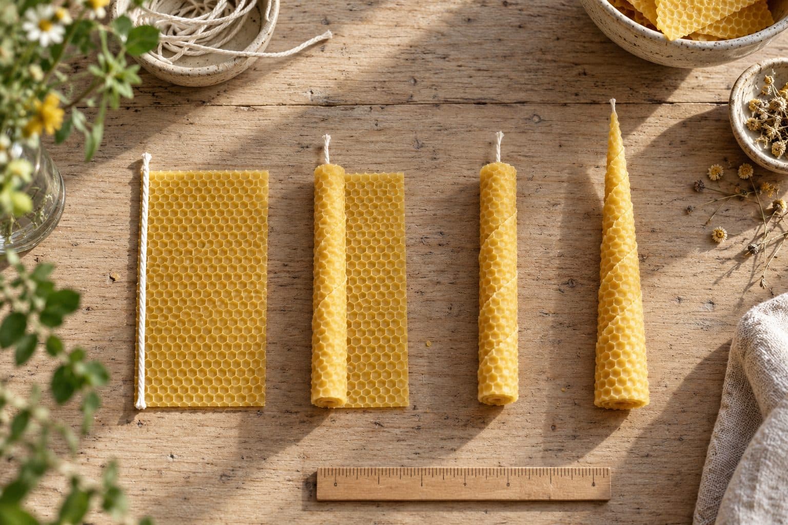 Cuatro pasos para hacer una vela de cera de abeja enrollada: lámina con mecha, medio enrollada, enrollada y cónica terminada