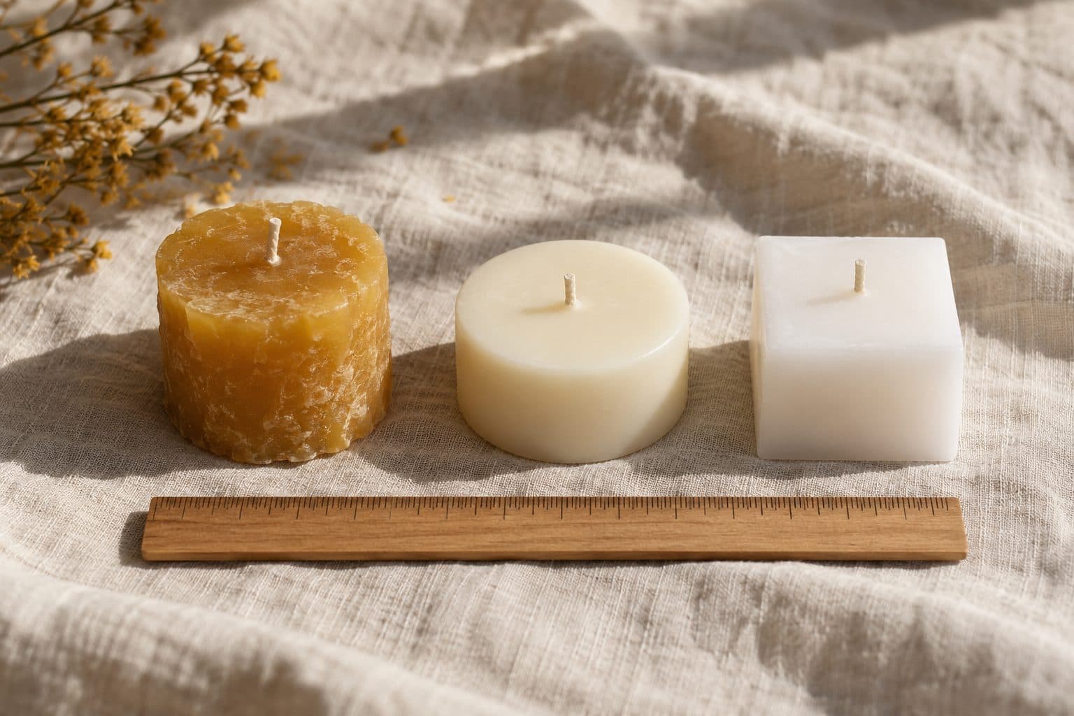 Tres ceras para velas lado a lado sobre lino: cera de abeja color miel, cera de soja crema y parafina blanca
