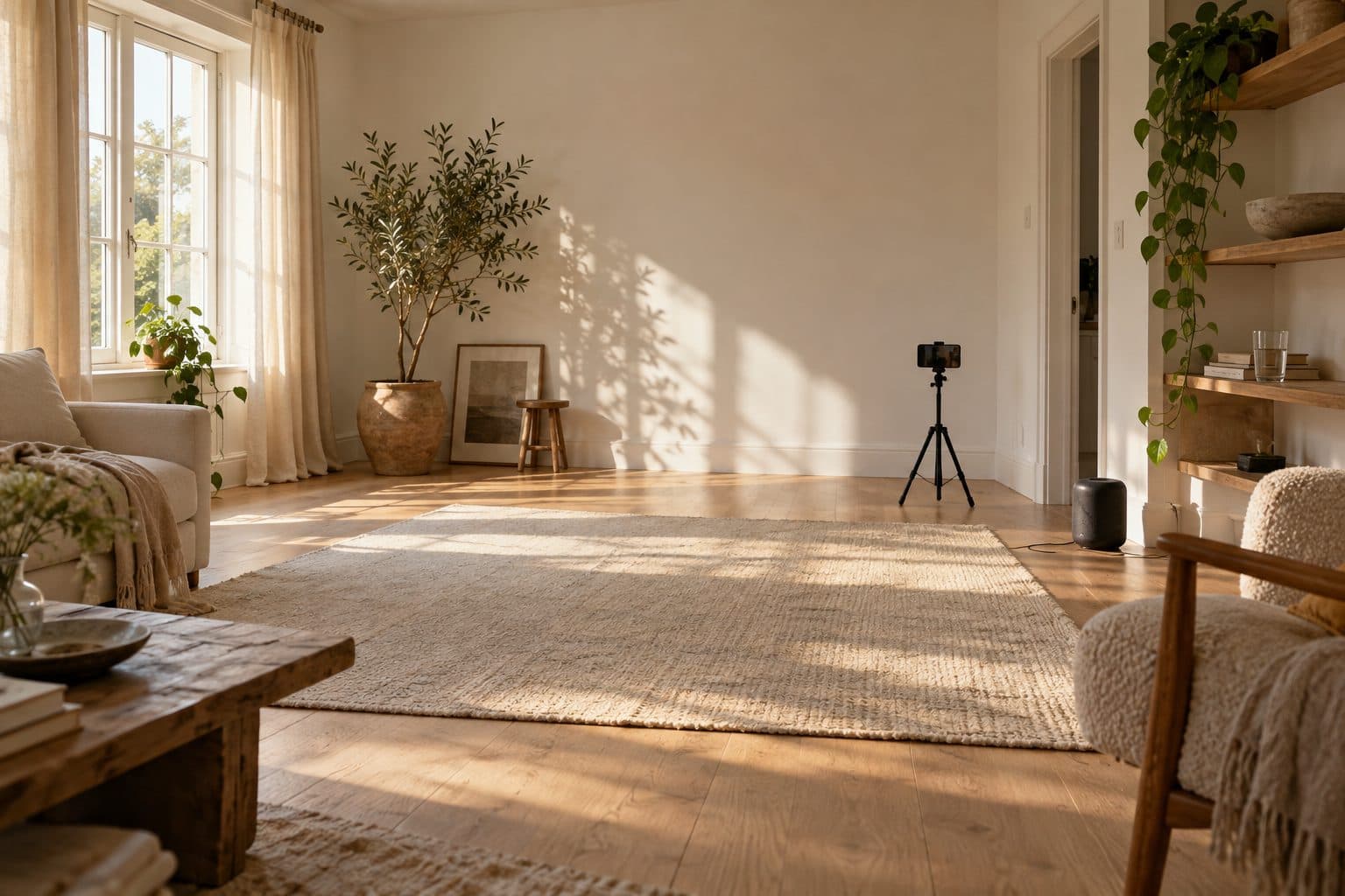Salón con los muebles apartados, un móvil en trípode y un altavoz preparados para las clases de baile online de novios
