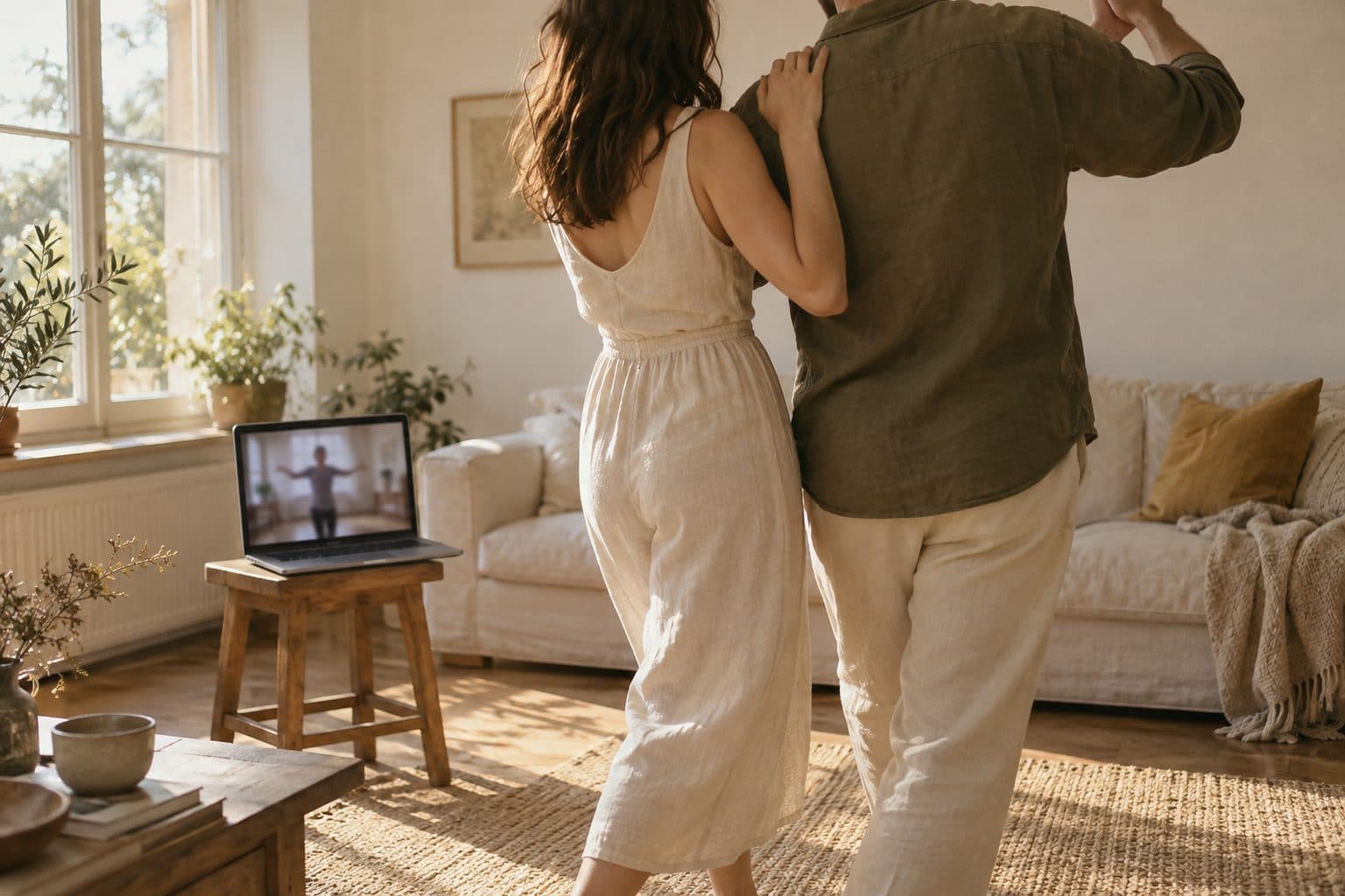 Portátil apoyado sobre un taburete con una videollamada de clase de baile y una pareja practicando a su lado, de espaldas