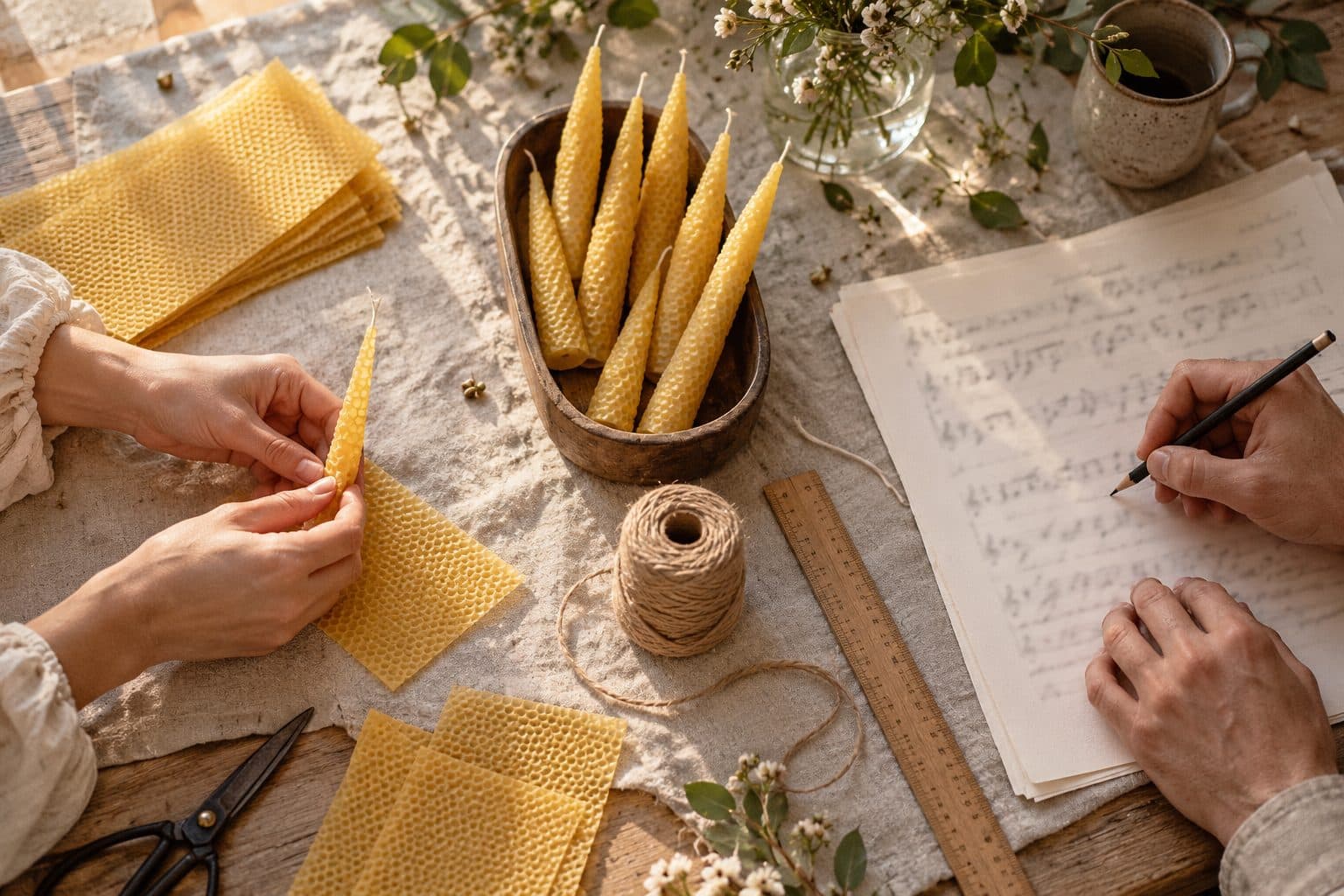 Dos pares de manos en la misma mesa: unas enrollan una vela de cera de abeja y otras corrigen la letra de una canción a lápiz