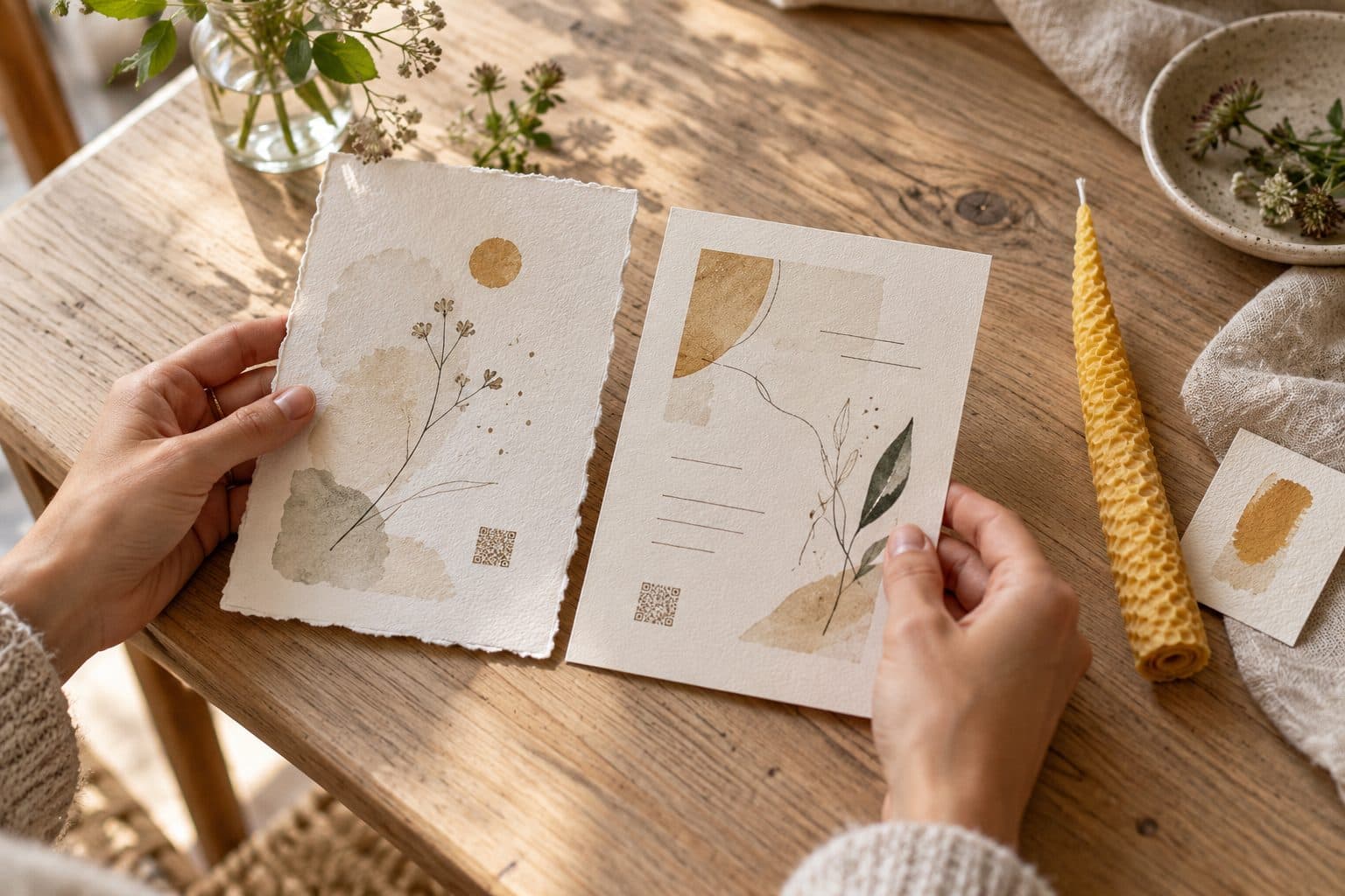Manos comparando dos muestras de invitación impresa junto a una vela, antes de producir nada: la pareja aprueba el diseño