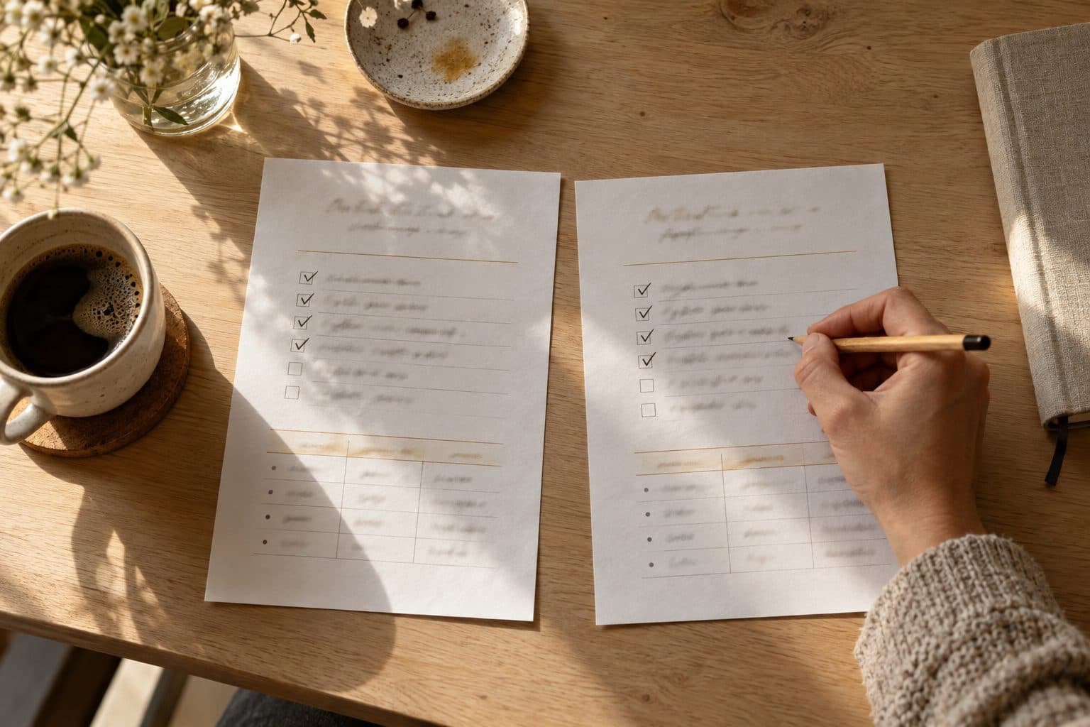 Una mano con un lápiz marca con una cruz las mismas cuatro preguntas en dos presupuestos de invitaciones de boda