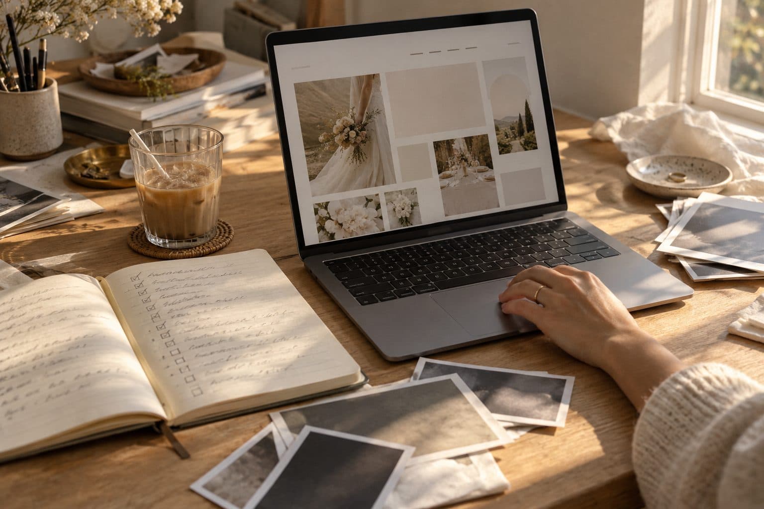 Un portátil abierto con una web de boda a medio hacer, una libreta con la lista de cosas por rellenar y una taza de café frío