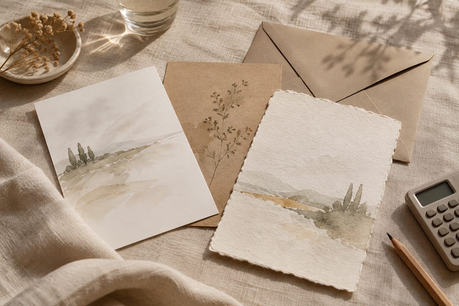 Tres invitaciones de boda de papeles distintos apiladas sobre lino con su sobre, para comparar cuánto cuestan las invitaciones de boda