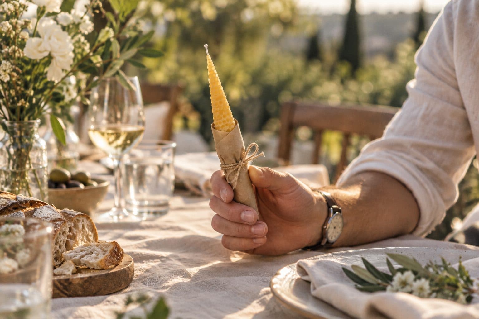 Detalle de boda para hombres: un invitado, de brazo y camisa de lino, sostiene una vela de cera de abeja envuelta en kraft