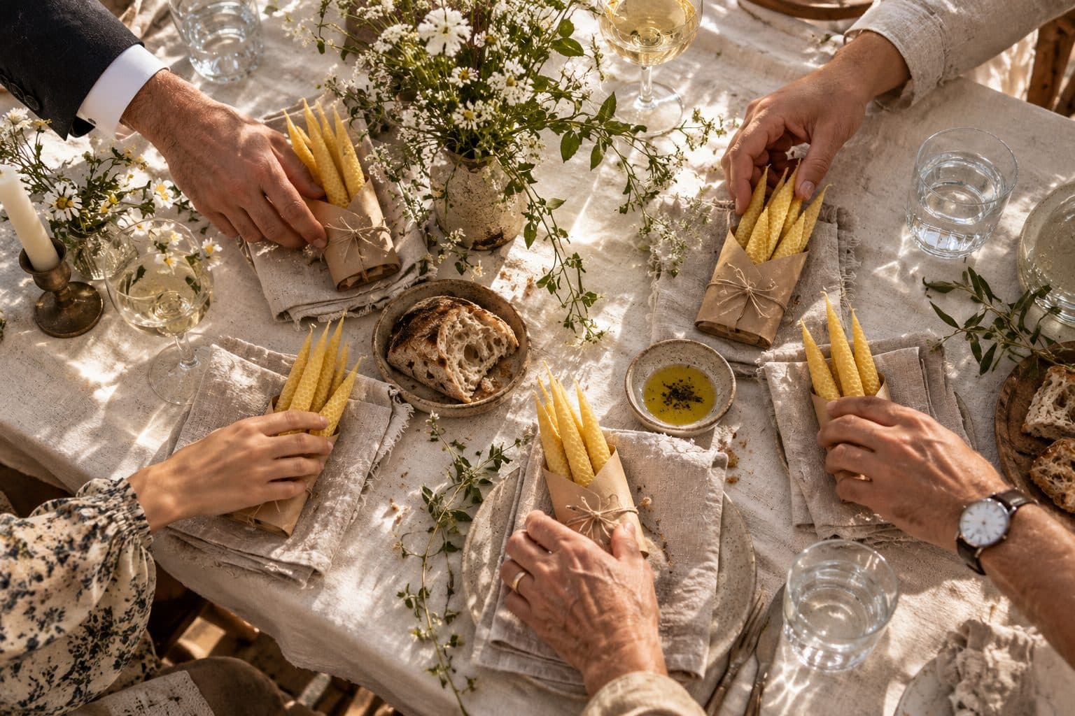 Manos de invitados y de invitadas cogiendo el mismo detalle de boda unisex de la mesa, una vela de cera de abeja