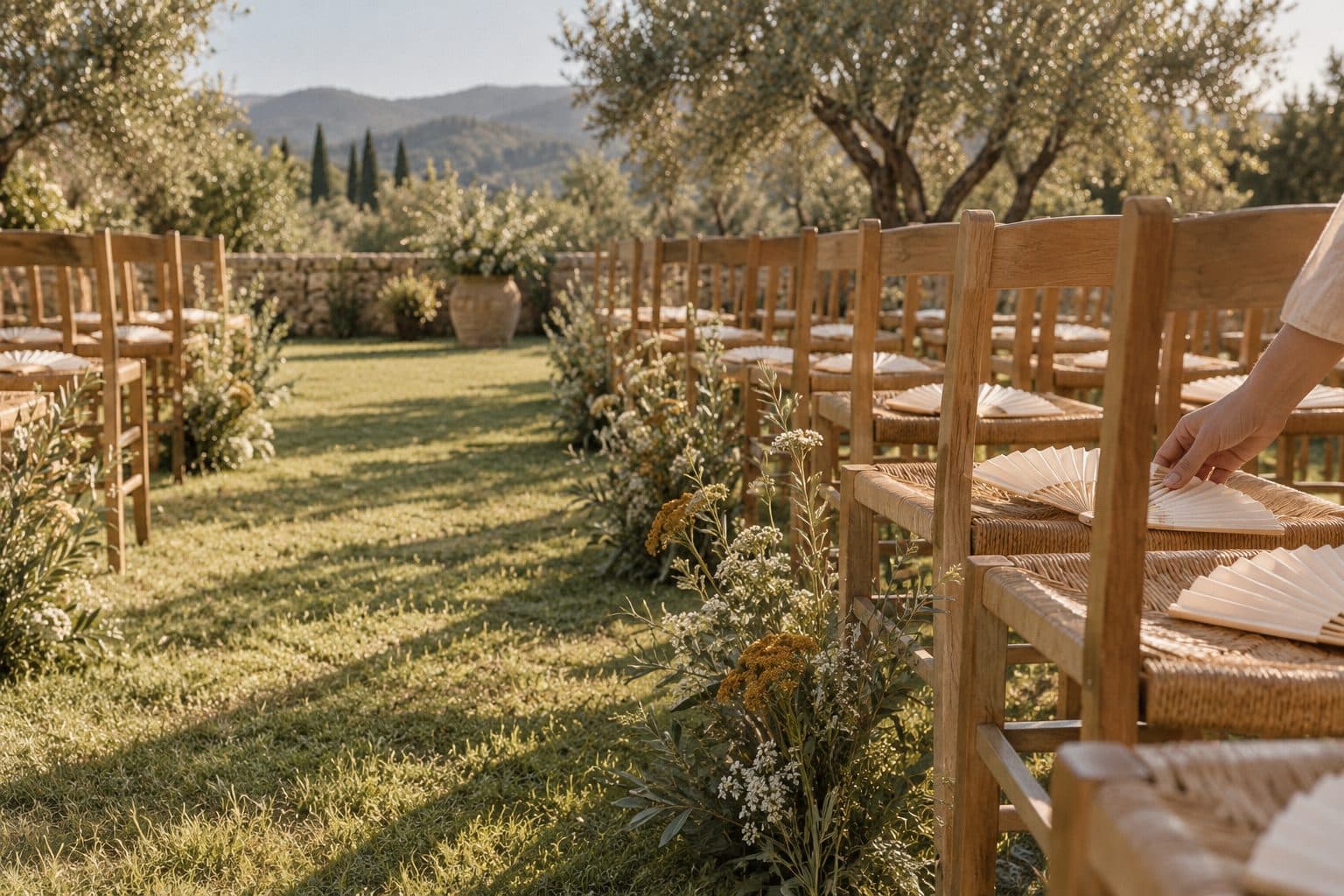 Ceremonia de verano al aire libre con un abanico plegado sobre cada silla, un detalle de boda útil ese mismo día