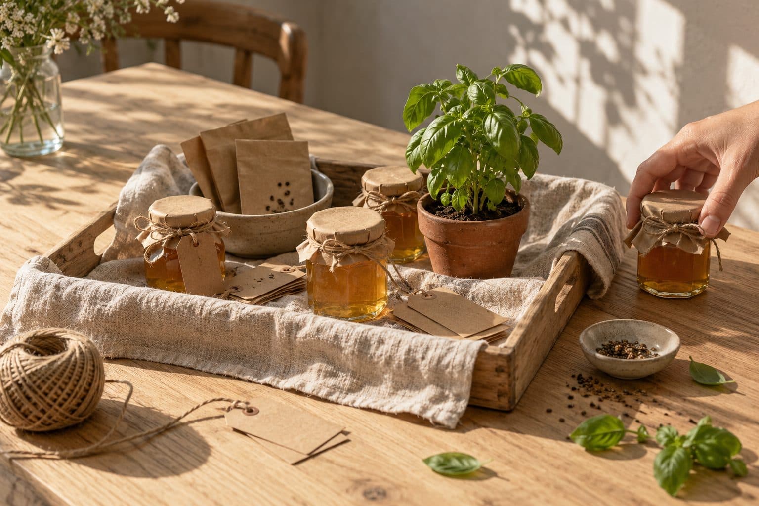 Regalos originales para invitados de boda: tarros de miel con etiqueta de kraft, sobres de semillas y una planta aromática pequeña