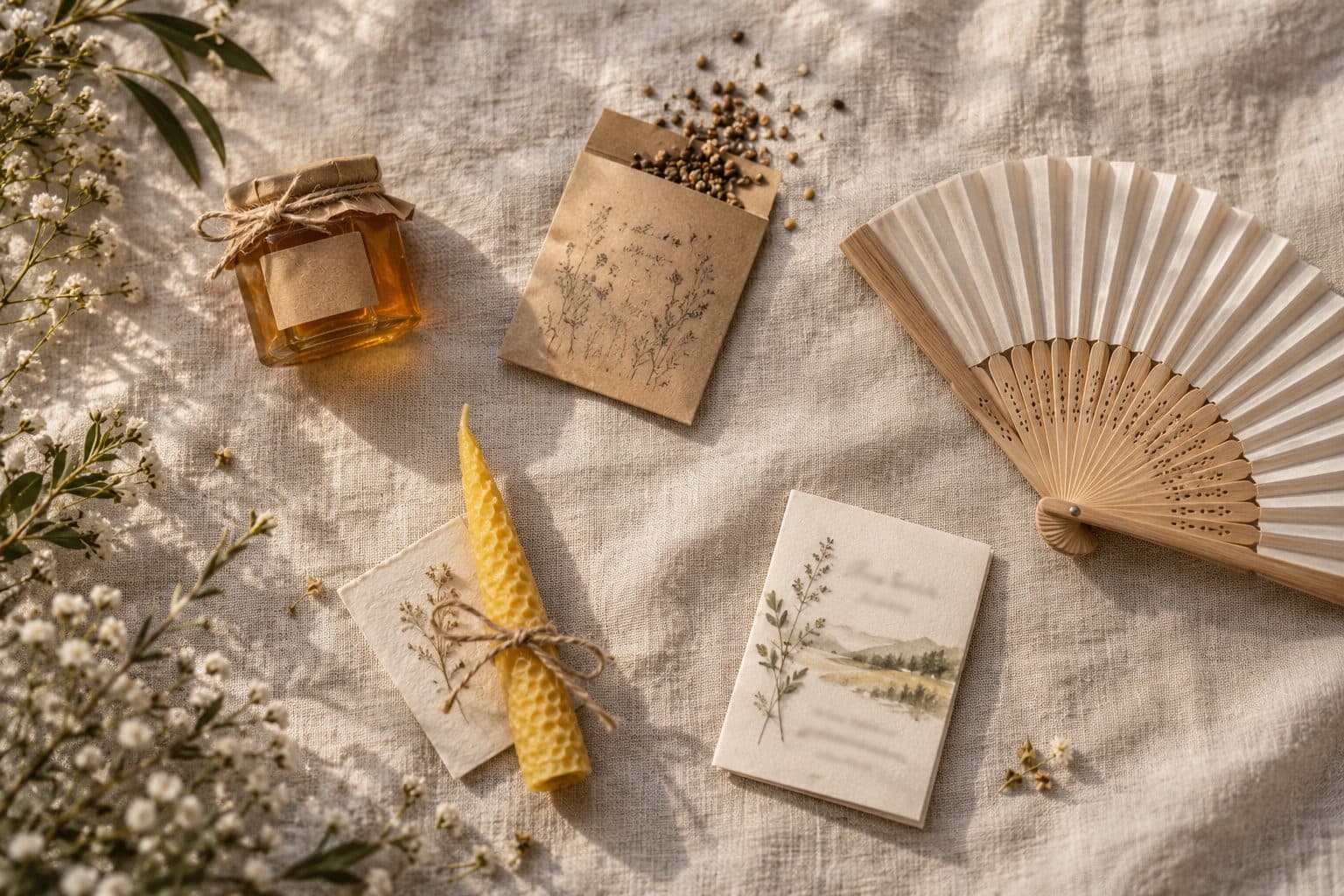 Detalles de boda originales y útiles sobre lino: miel, semillas, un abanico, una vela de cera de abeja y una carta de juego
