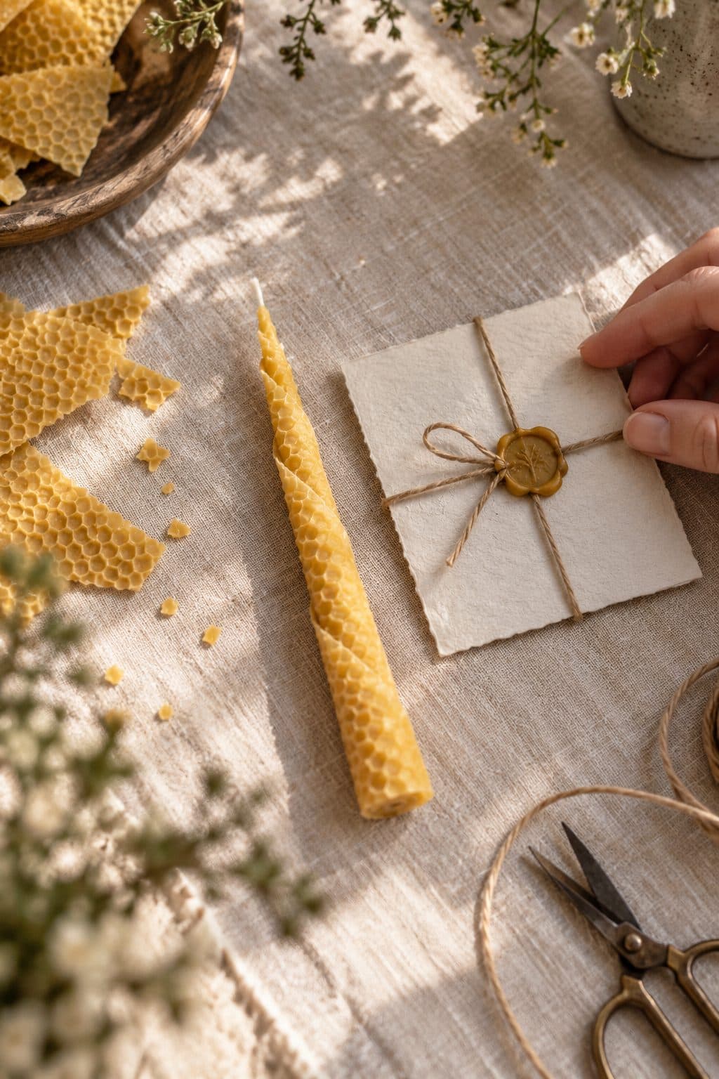 Detalle de boda original: vela cónica de cera de abeja con tarjeta, cordel y lacre color miel