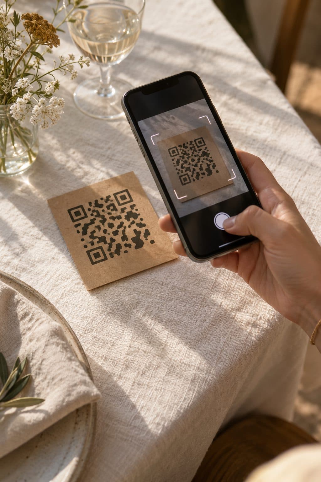 Una mano apunta el móvil al cartel con el QR de la mesa para probar que abre el álbum de fotos de la boda