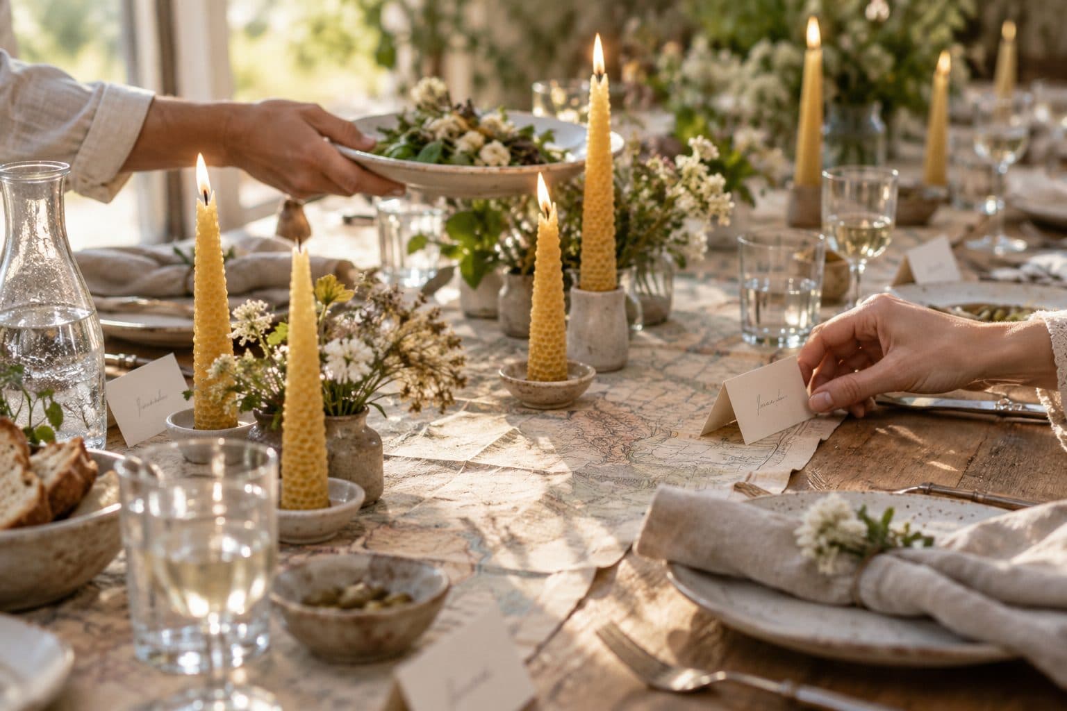 Mesa de boda con un camino de mesa hecho con un mapa de viajes, tarjetas con nombres de sitios y velas de cera de abeja: ideas para una boda original