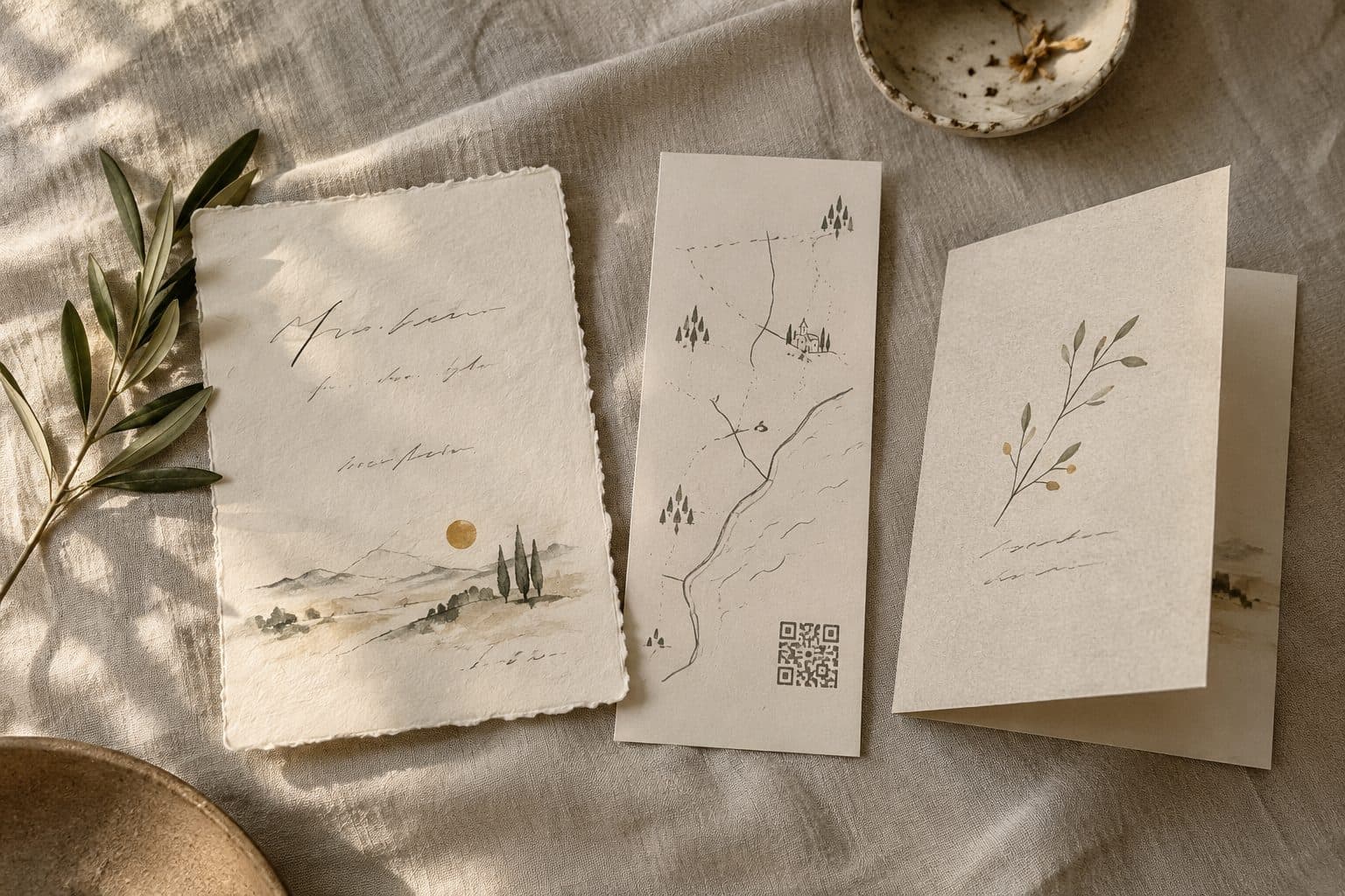 Tres formatos de invitación de boda sobre lino: tarjeta a dos caras, postal alargada y tarjeta plegada, con ideas para invitaciones de boda