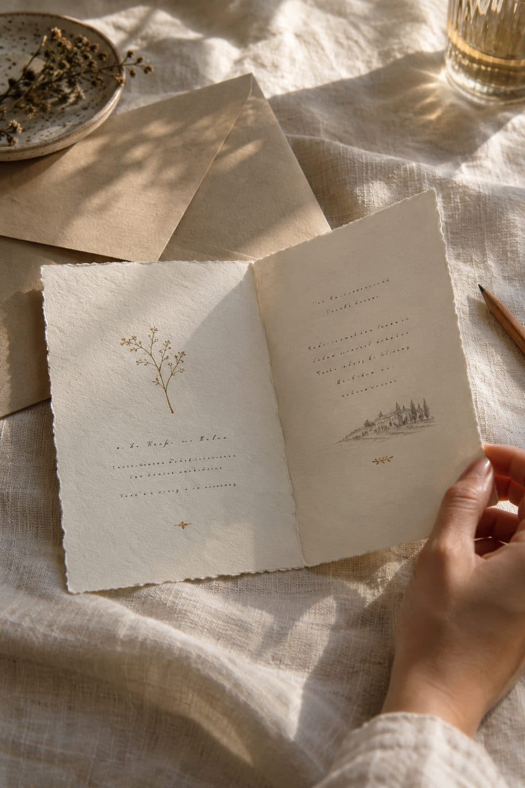 Una mano da la vuelta a una invitación de boda impresa por las dos caras, una para cada idioma