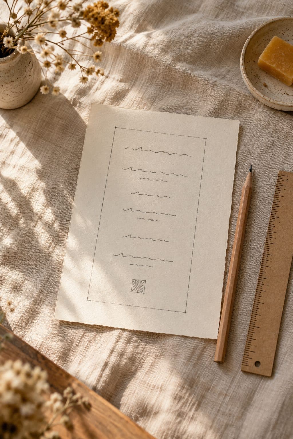 Boceto a lápiz con las siete líneas de una invitación de boda ordenadas de arriba abajo sobre papel de algodón