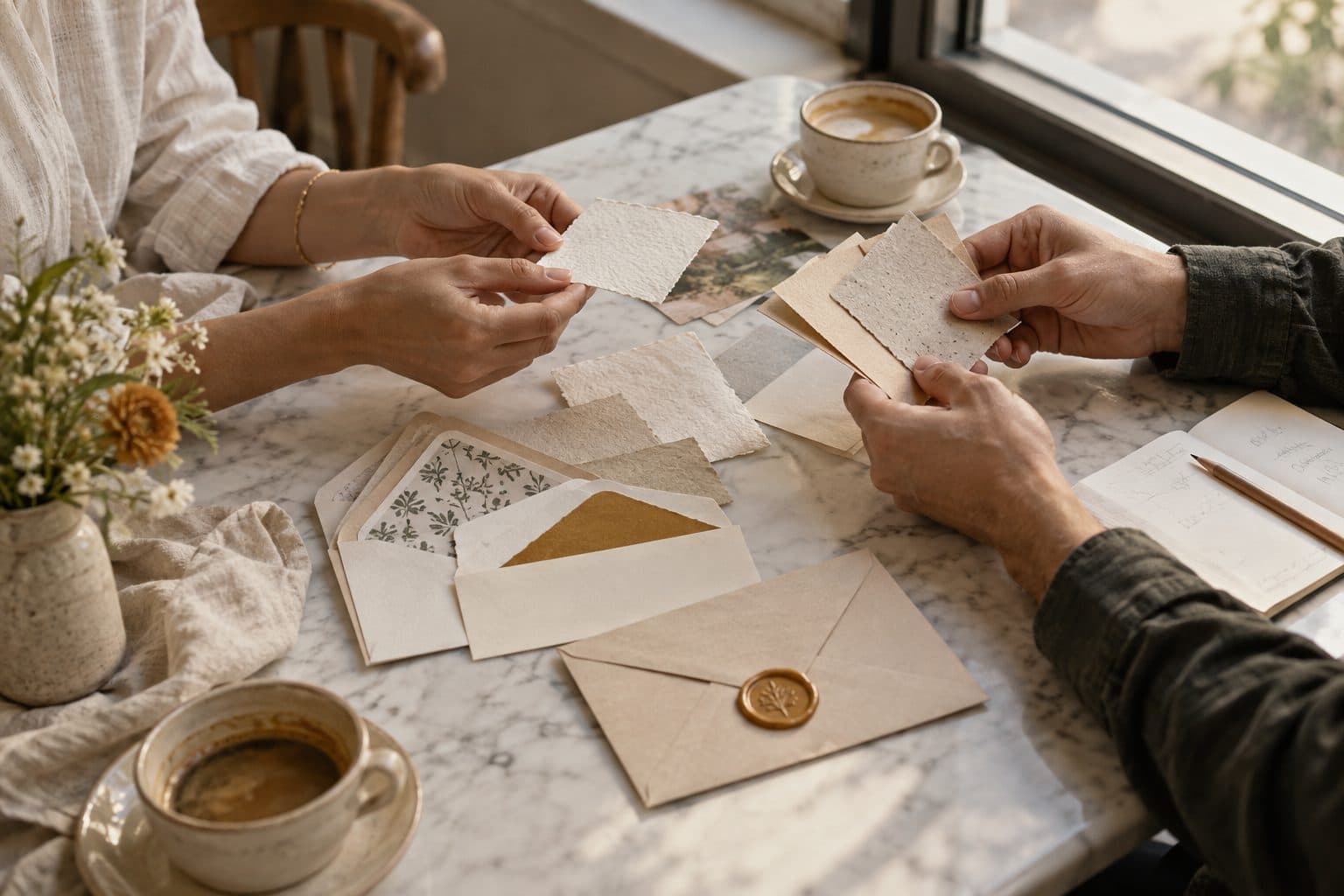 Manos pasándose muestras de papel de algodón y sobres sobre la mesa de una cafetería de Madrid para elegir las invitaciones de boda