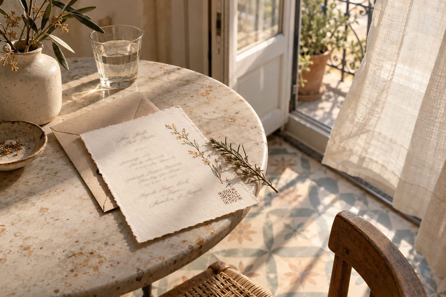Invitación de boda impresa y su sobre sobre una mesita junto a un balcón abierto, con baldosa hidráulica al fondo, preparada para una boda en Barcelona